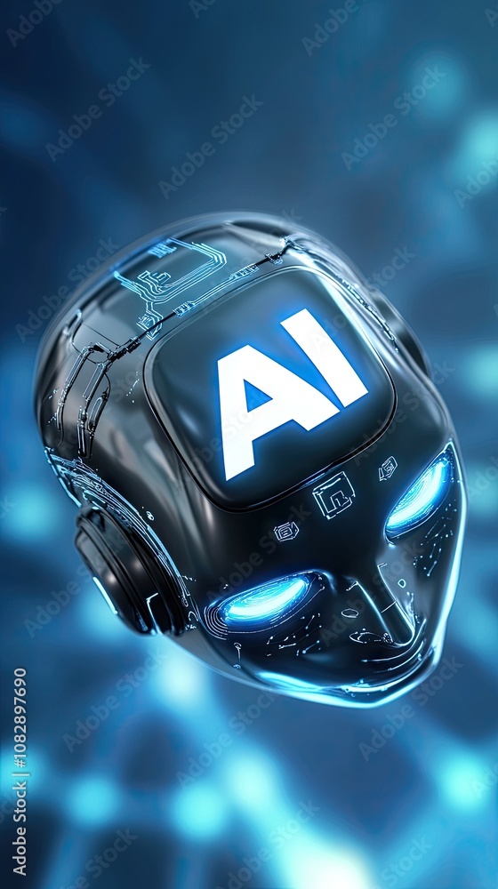 Poster a modern ai robot with glowing wires and advanced facial expressions against a deep blue abstract ba