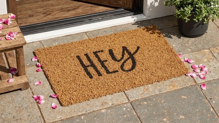Quirky Hey doormat framed by flowers and a wooden bench