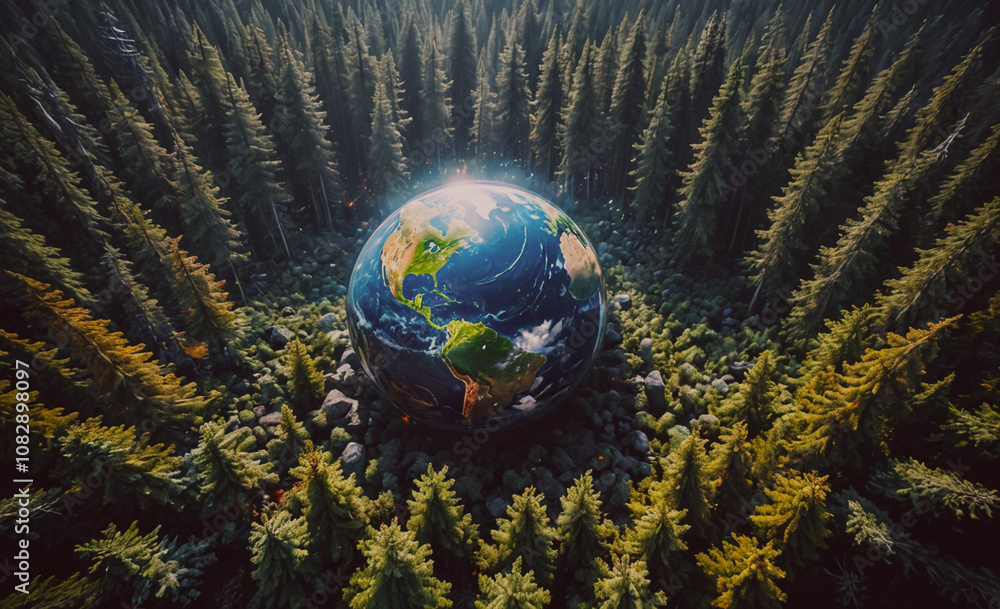 Poster globe is in the middle of a forest