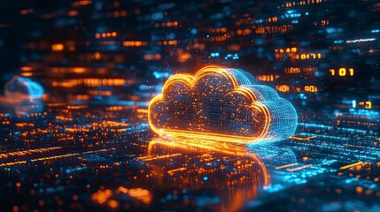 Obraz premium Glowing neon cloud icon on a dark circuit board background with blurred blue and orange lights, concept for digital technology, data storage and cloud computing