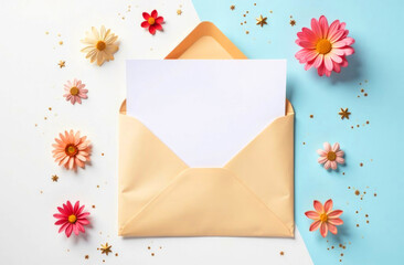 An open envelope reveals blank stationery, with vibrant flowers and stars adding a whimsical touch to the composition