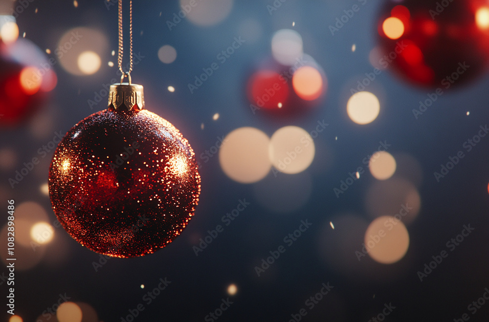 Aufkleber a single red, glittering christmas ornament hangs from a thin string, surrounded by out-of-focus lig