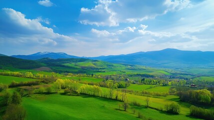 Fototapeta premium Vibrant green landscape with rolling hills and distant mountains under blue sky