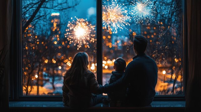 Family watching fireworks through window