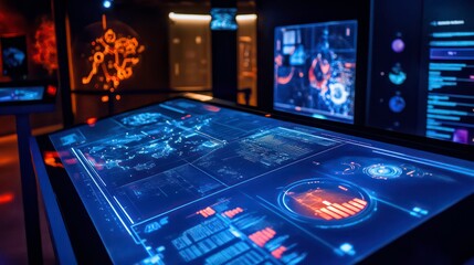 An interactive digital table displaying futuristic data visualizations in a modern tech exhibition at night