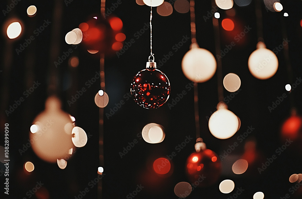 Aufkleber red and cream-colored christmas ornaments hang from strings against a dark background
