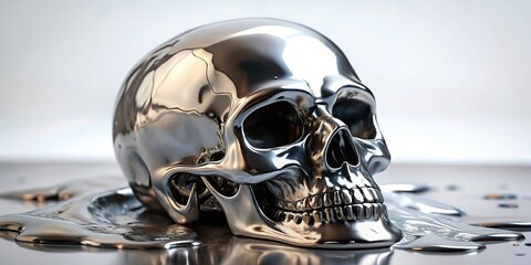 Close-up of melted liquid chrome skull on white background