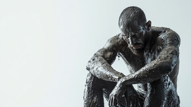 A rugged athlete covered in mud and sweat sits exhausted on a minimalist white background.