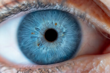 Macro image of a human eye with a pale blue iris and distinct brown flecks scattered throughout,...