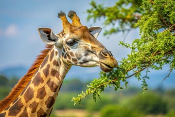 Fototapeta premium Close-up shot of a giraffe eating leaves from a treetop in the African savanna, african wildlife, giraffe