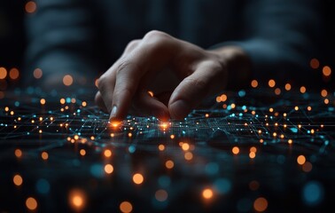 Close-up of a hand interacting with a glowing digital network.