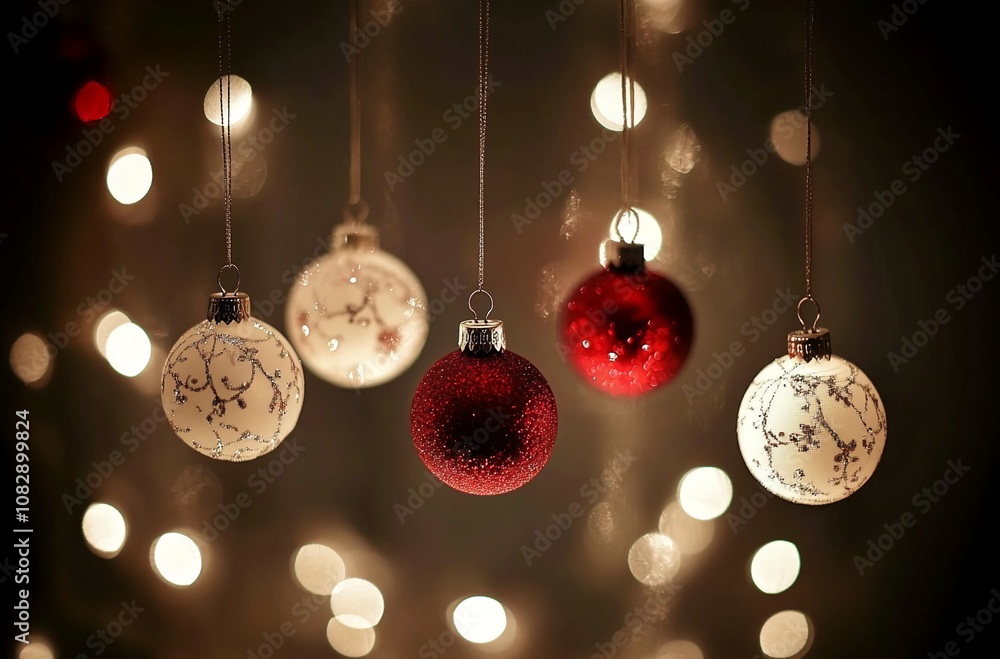 Aufkleber red and white christmas ornaments hang from strings, illuminated by a bokeh of warm lights