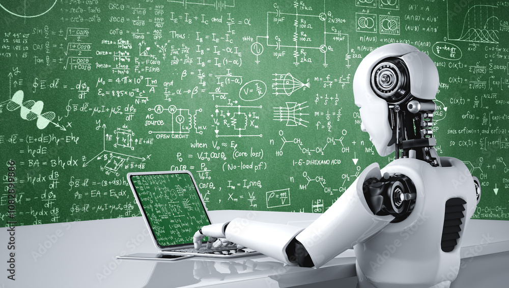 Poster mathematic equations and modish formula on computer screen showing concept of science and education