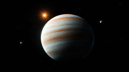 Gas giant planet with distinct bands and two smaller moons against a backdrop of space with a bright star.