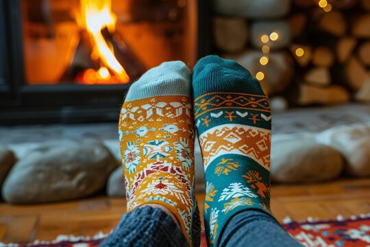 Warmth radiates from the fireplace as cozy, mismatched socks rest comfortably on the floor, inviting relaxation during a chilly winter evening at home