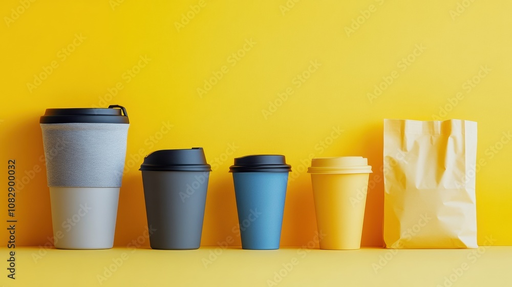Poster The display emphasizes the contrast between reusable containers and single-use plastic bags and cups, highlighting sustainability. Generative AI