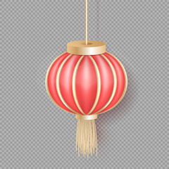 A traditional Chinese lantern with a festive pink and gold design hangs gracefully on transparent background with golden tassels and a glowing light, symbolizing celebration for 2025 Lunar New Year