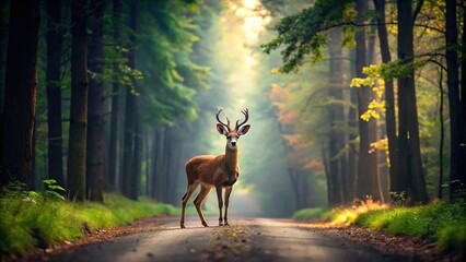 deer walking in a dark forest aerial shot