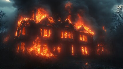 Smoke billowing over house consumed by intense flames and heat picture