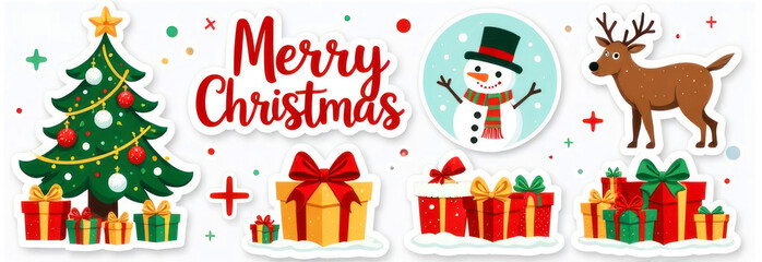 A festive scene with a decorated tree, gifts, a snowman, and a reindeer celebrating Christmas