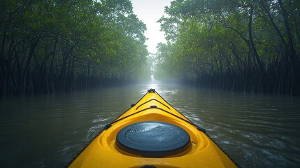 Fototapeta premium Kayaking through a Misty Mangrove Forest