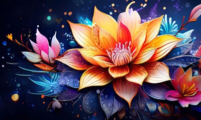 Colorful flower with radiant hues, showcasing intricate details, textures. Water droplets enhance ethereal ambiance.For creative designs needing boldness, natural beauty, greeting card, print, poster.