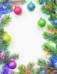 Marco navideño colorido, con ramas de arbol de navidad, bolas y luces de colores, espacio para texto