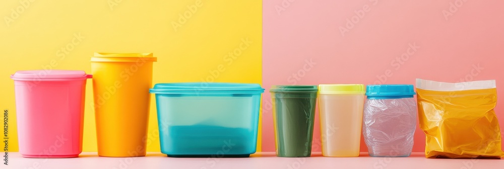 Poster Brightly colored reusable containers contrast with an array of single-use plastic bags and cups, emphasizing waste reduction efforts. Generative AI