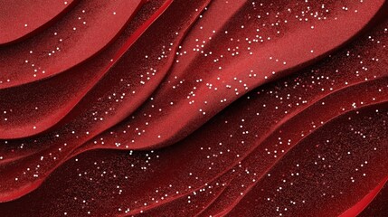 Red silky fabric with flowing folds and sparkling glitter spread across the surface, creating a luxurious and festive texture.