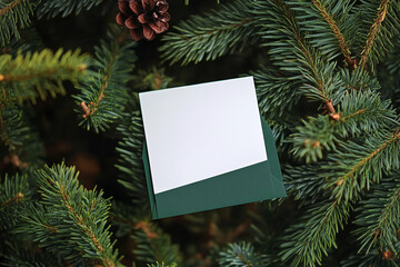 A white card sits within a dark green envelope, placed gently among the branches of a Christmas tree