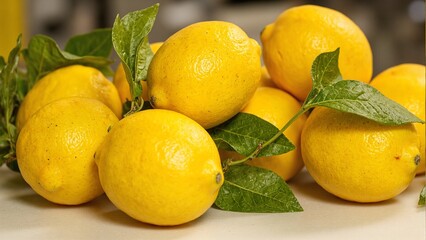 Fresh lemons on cutting board vibrant yellow with leaves attached