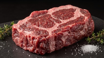Obraz premium Juicy beef steak on cutting board with thyme and salt