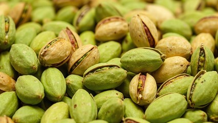 Vibrant green pistachios with exposed nut inside shells