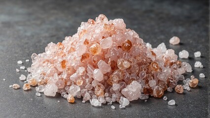 Pink Himalayan salt crystals on slate varying shades of pink and white