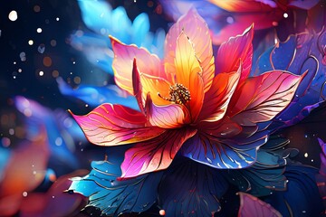 Colorful flower with radiant hues, showcasing intricate details, textures. Water droplets enhance ethereal ambiance.For creative designs needing boldness, natural beauty, greeting card, print, poster.