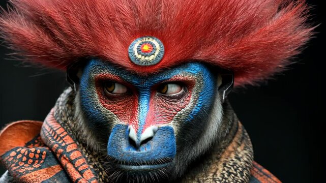 A close-up portrait of a monkey with bright red fur and blue facial paint, looking directly at the camera