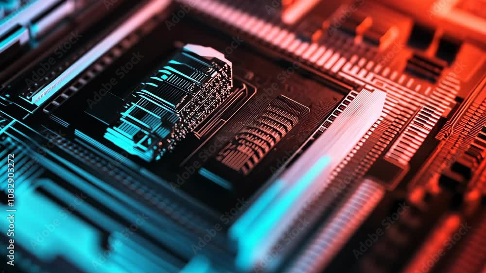 Poster a close-up of a circuit board, illuminated with blue and red light, showcasing the intricate design 