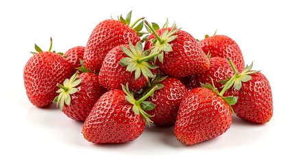 Ripe strawberries with stems and seeds on white background