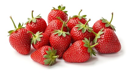 Ripe strawberries with stems and seeds on white background