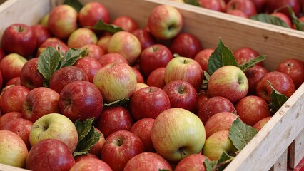 Freshly picked red and green apples in wooden crate glossy skins  leaves attached