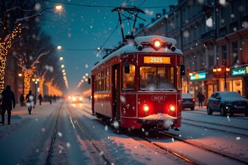Obraz premium Tram rides along the street of a winter city. Snowfall, Christmas atmosphere - generative AI