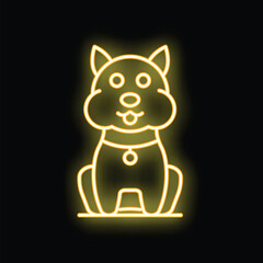 Yellow neon sign of a cute dog sitting down with its tongue out, wearing a collar with a tag