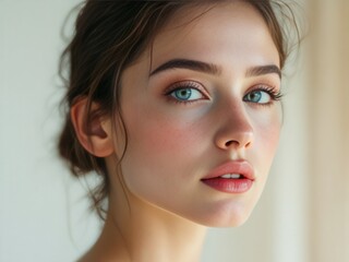 Naklejka premium A close-up portrait of a young woman with striking blue eyes and soft features, gazing ahead with a serene expression