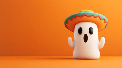 Cute cartoon ghost wearing a colorful sombrero on vibrant orange background creating playful and festive mood