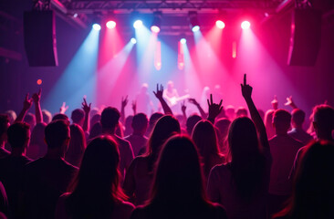 Crowd members celebrate a live concert with raised hands and enthusiastic cheers in a lively...