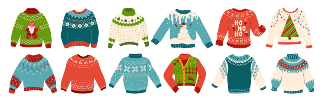 Collection illustrations of cozy sweaters, featuring cute wool pullovers with Norwegian patterns and traditional holiday prints, perfect for comfort and Christmas parties Set of knitted winter jumpers