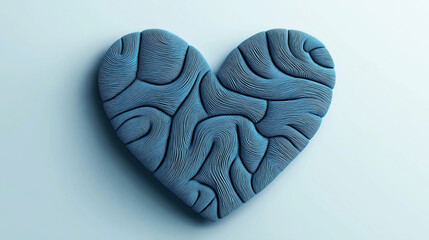 Blue textured heart-shaped sculpture with intricate lines and grooves on a light background, showcasing a creative and artistic design concept.