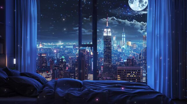 Cozy bedroom window overlooking cityscape buildings under glowing full moon serene night  
Seamless looping 4k time-lapse virtual video animation Generated AI