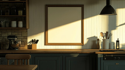 "Stock photo of a blank picture frame placed in a kitchen setting."






