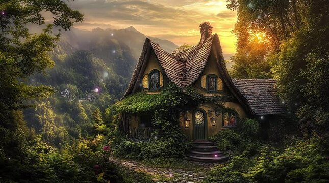 Magical fantasy house on lush green hill under vibrant evening sky dreamy scenery  
Seamless looping 4k time-lapse virtual video animation Generated AI